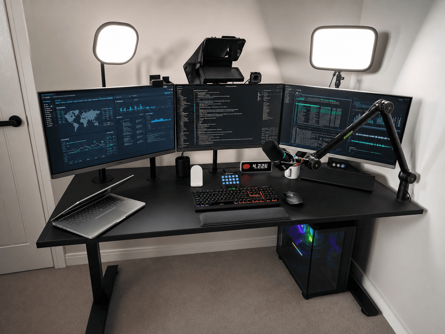 Joshua Clarke's three-monitor cybersecurity and creator studio