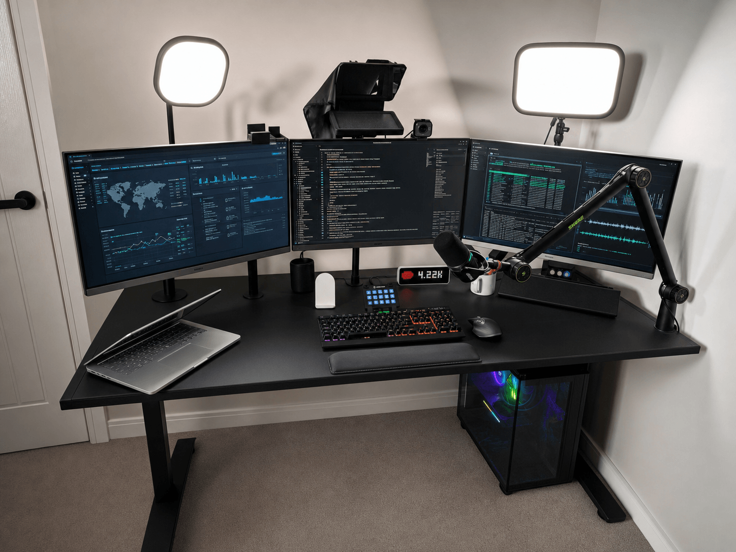 Joshua Clarke's desk: three monitors running security dashboards, a microphone arm and a Stream Deck