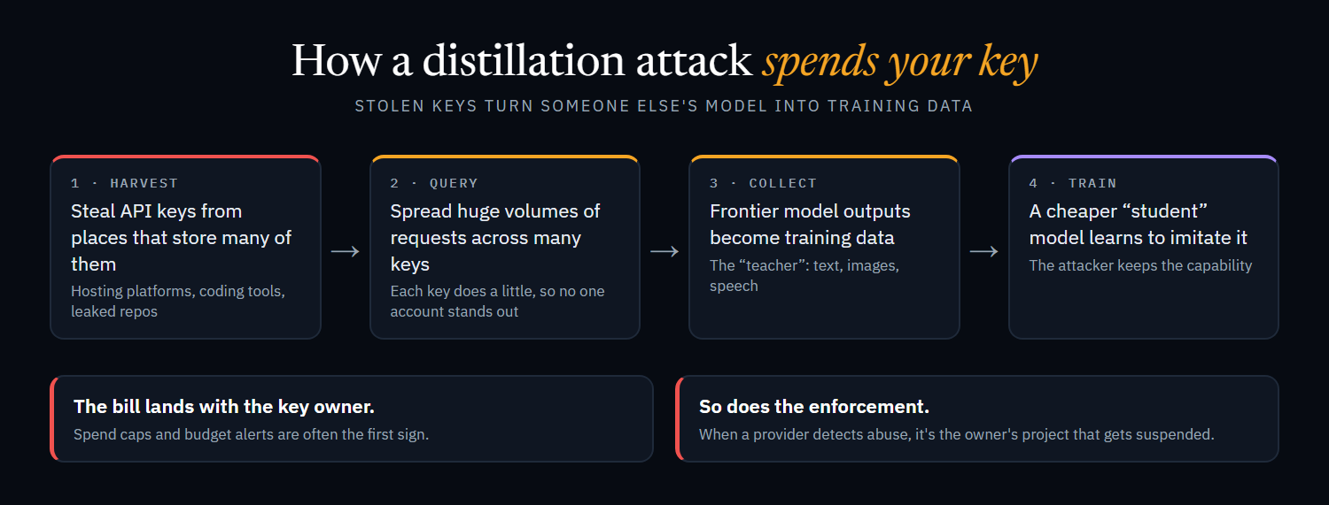 How a distillation attack spends your key: harvest stolen keys, query frontier models across many keys, collect the outputs, and train a cheaper student model, while the bill and enforcement land with the key owner