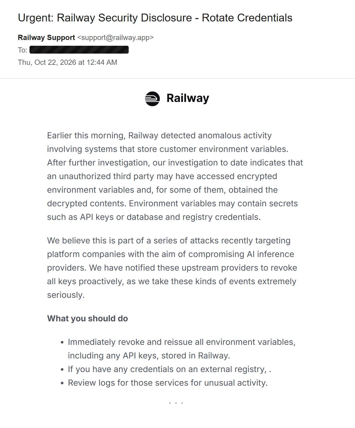 Railway's security disclosure email, received at 12:44 am on 22 October, recipient redacted