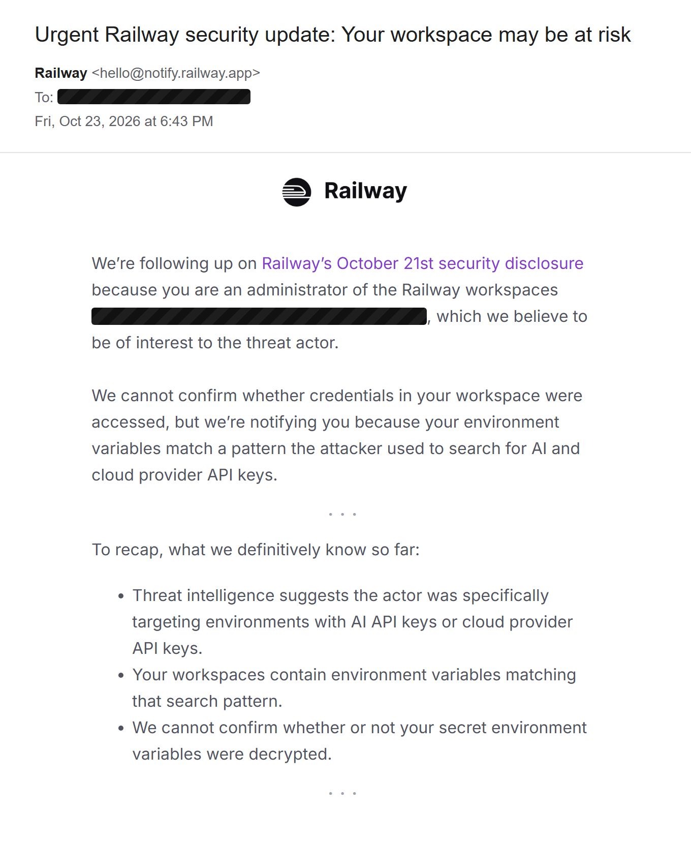 Railway's follow-up email on 23 October warning that the workspaces may be at risk, with the recipient and workspace names redacted